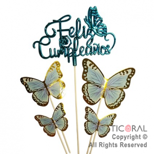 CAKE TOPPER FELIZ CUMPLEA�OS CELESTE CON MARIPOSAS CON STAMPING CELESTES X 1